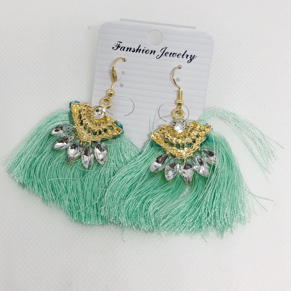 Mint Tassel & Rhinestone Earrings